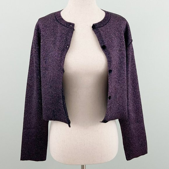 🌸SOLD🌸NWT Zara Purple Sparkly Shimmer Metallic Button Cropped Cardigan Sweater - Picture 7 of 9